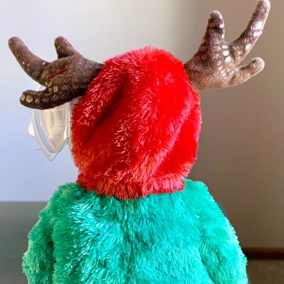 2002 4564 Green Holiday Teddy Bear Reindeer Hat Christmas Ty Beanie Baby MWMT - Picture 4 of 9